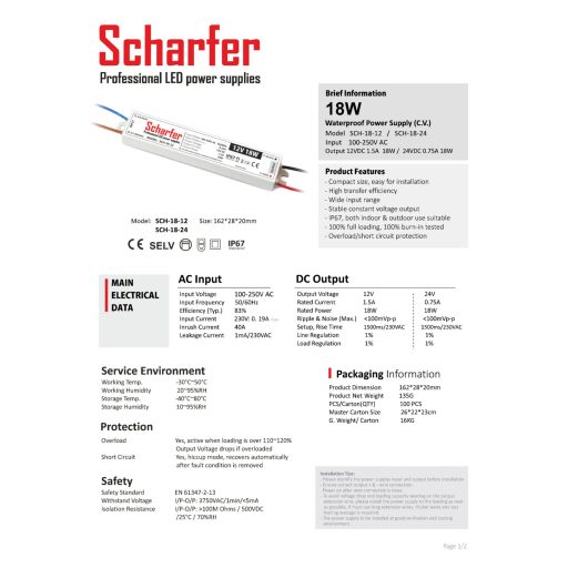 SCH-18-12 LED Tápegység 12V DC / 1,5A, 100-250V AC, 18W, IP67