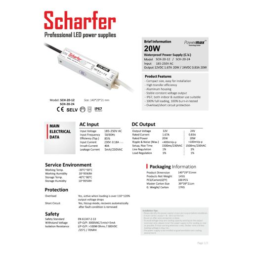 SCH-20-24 LED Tápegység 24V DC / 0,83A, 185-250V AC, 20W, IP67
