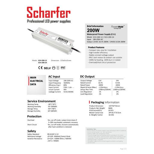 SCH-200-24 LED Tápegység 24V DC / 8,33A, 190-250V AC, 200W, IP67