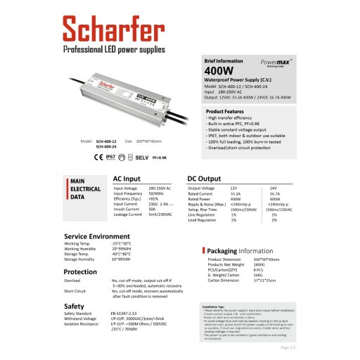 SCH-400-24 LED Tápegység 24V DC / 16,7A, 190-250V AC, 400W, IP67